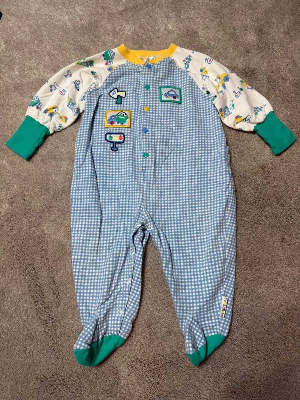 Vintage Rainbow Gymboree Infant Boys Blue Green Plaid Trucks One Piece 6-12 mo